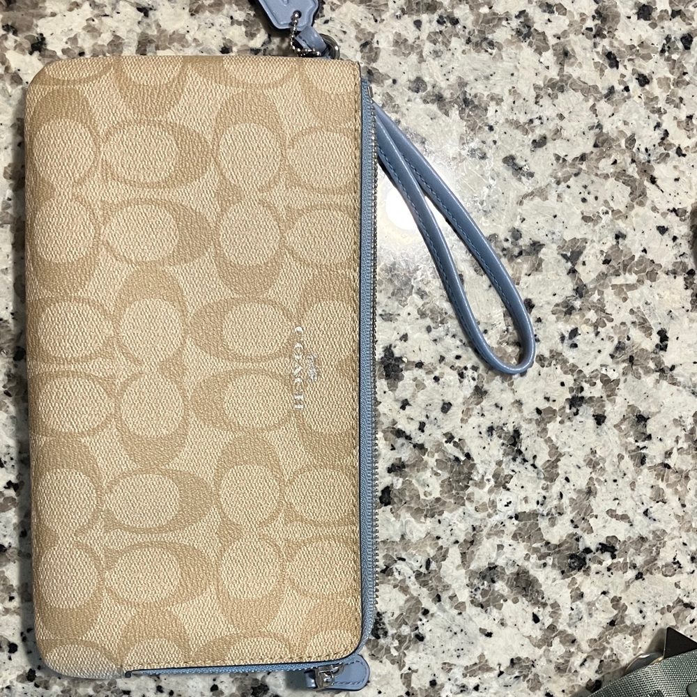 Coach Baby Blue and Beige Double Zip Wristlet Wallet